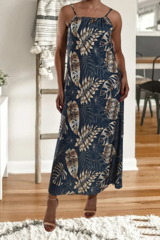 Bargain Bin Brown Leaf Strappy Maxi Tie Dress