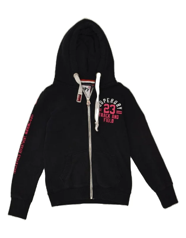 Deal Frenzy SUPERDRY Womens Track & Field Graphic Zip Hoodie Sweater UK 6 XS Black