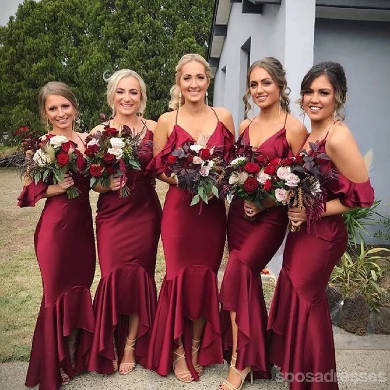 Online Exclusive Halter Dark Red Mermaid High Low Cheap Bridesmaid Dresses Online, WG683