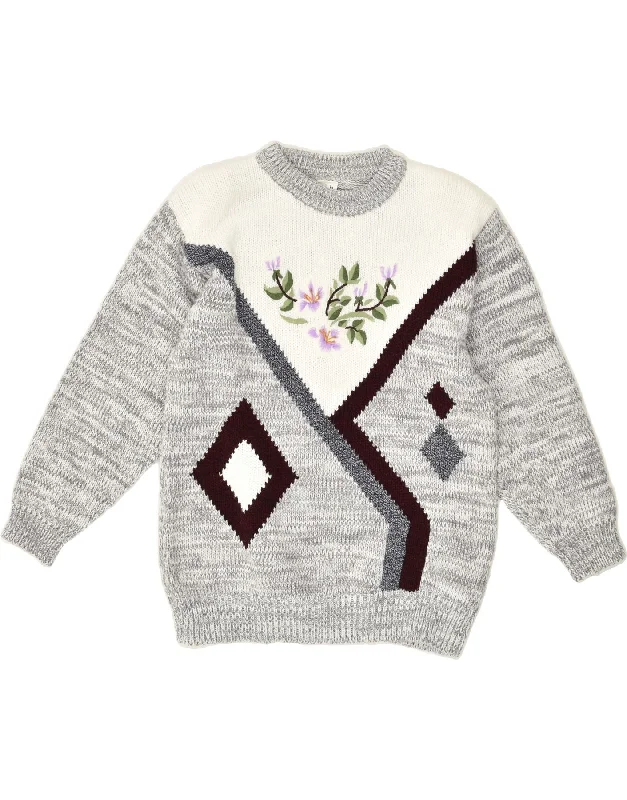 Factory Direct Sale VINTAGE Womens Graphic Crew Neck Jumper Sweater UK 14 Medium Grey Floral