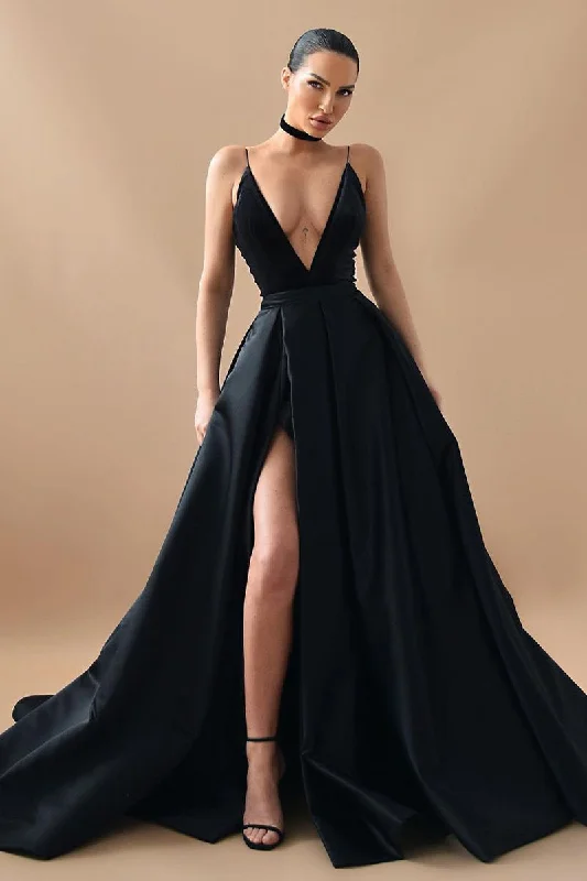 Take Advantage Evening Glamour Black Satin Backless Gown