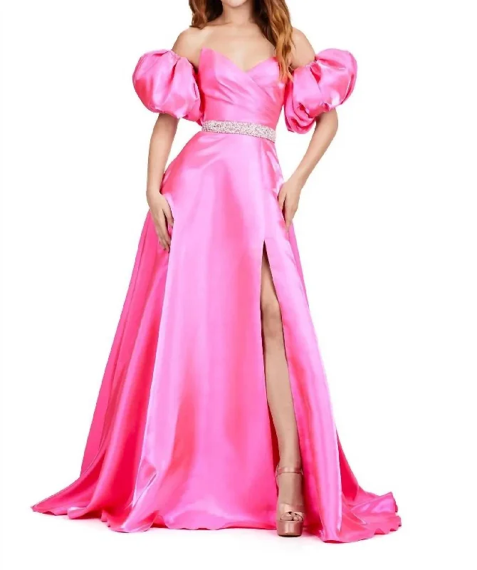 Blowout Deals Off Shoulder Puff Sleeve Satin Gown In Hot Pink