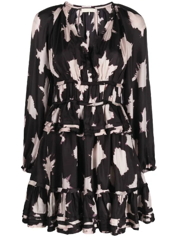 Act Now Ulla Johnson Women Emery Long Sleeve V-Neck Ruffled Skirt Mini Dress Black Noir Blur