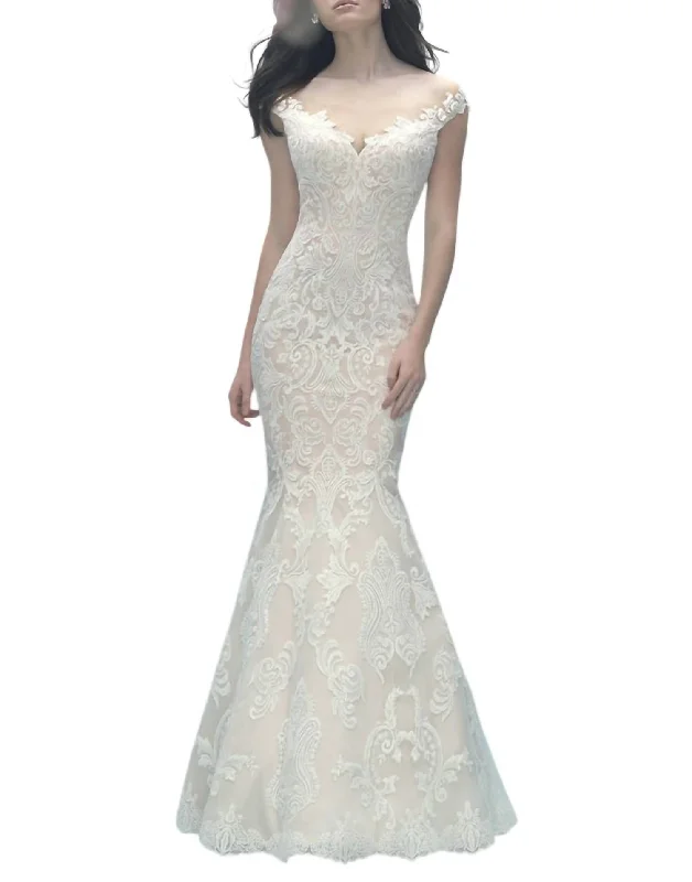 Now or Never Off-Shoulder Lace Gown With Detachable Tulle Train In Champagne/ivory/silver