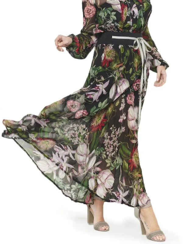 Crazy Deals Botanical Long Sleeve Maxi Dress In Black Multi