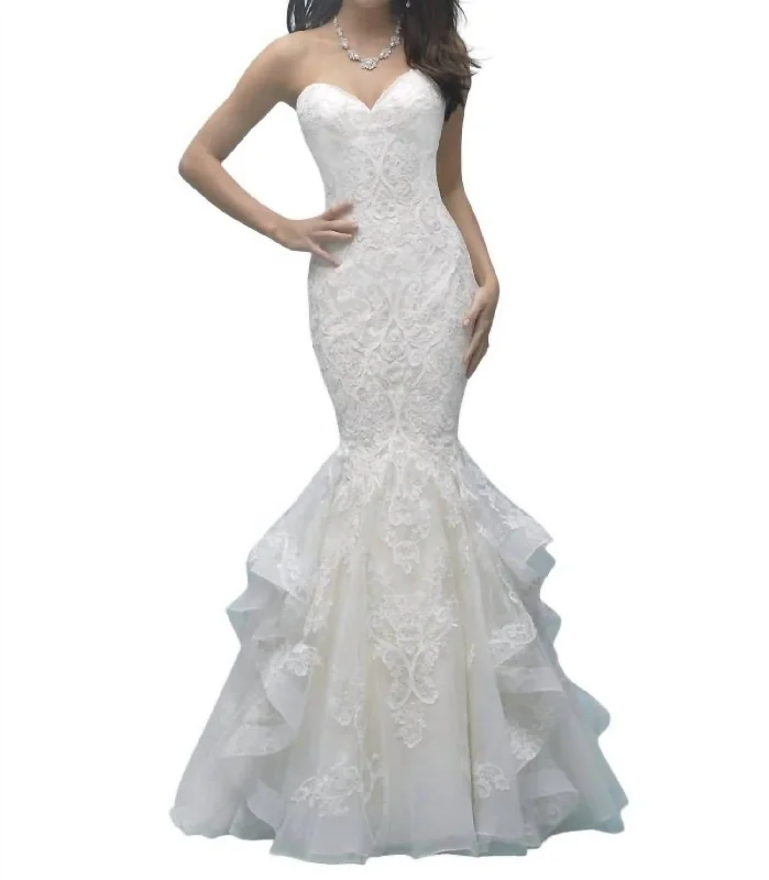 Great Deals Strapless Ruffled Lace Mermaid Wedding Gown In Gold/ivory/silver