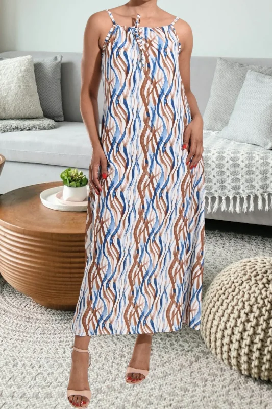 Price Reduction Brown Pattern Strappy Maxi Tie Dress