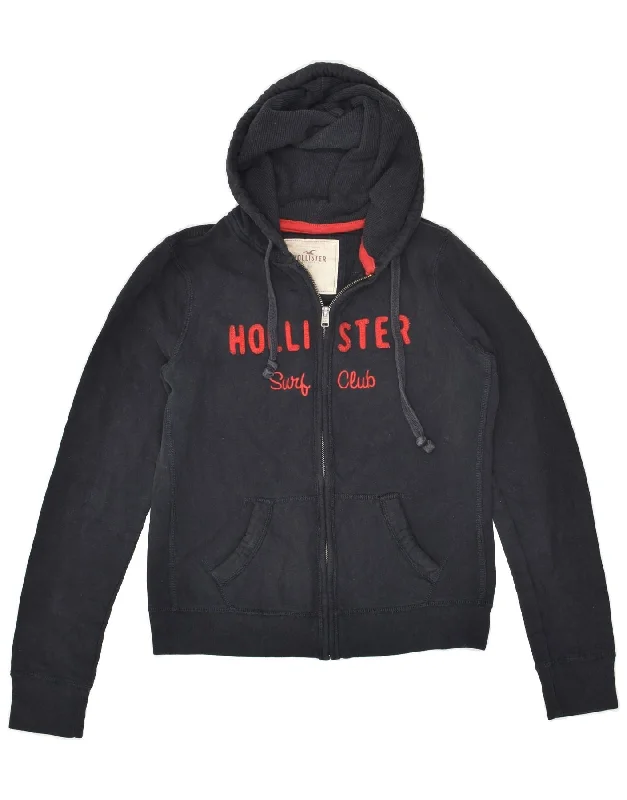 Weekend Flash Sale HOLLISTER Womens Graphic Zip Hoodie Sweater UK 14 Large Navy Blue Cotton
