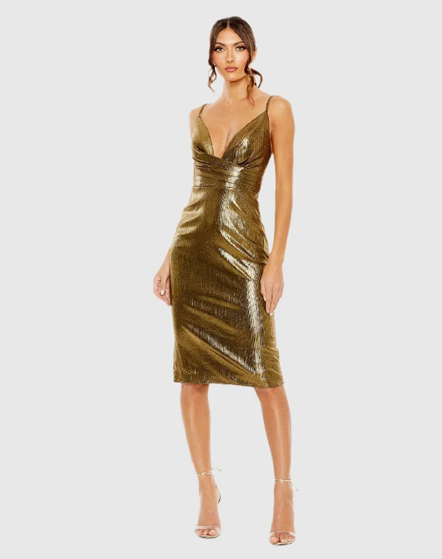 Deal of the Day Gold Metallic V Neck Midi Dress