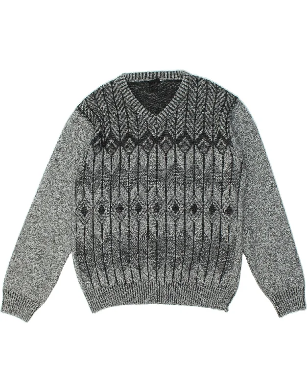 Limited Time Offer VINTAGE Womens V-Neck Jumper Sweater UK 16 Large Grey Geometric