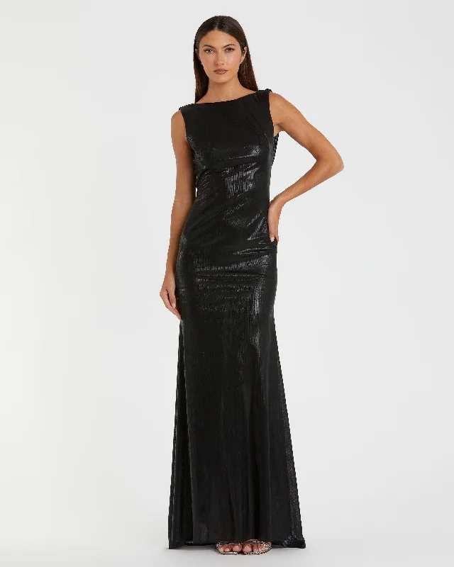 Don't Wait Black Metallic Jersey Cowl Back Column Gown
