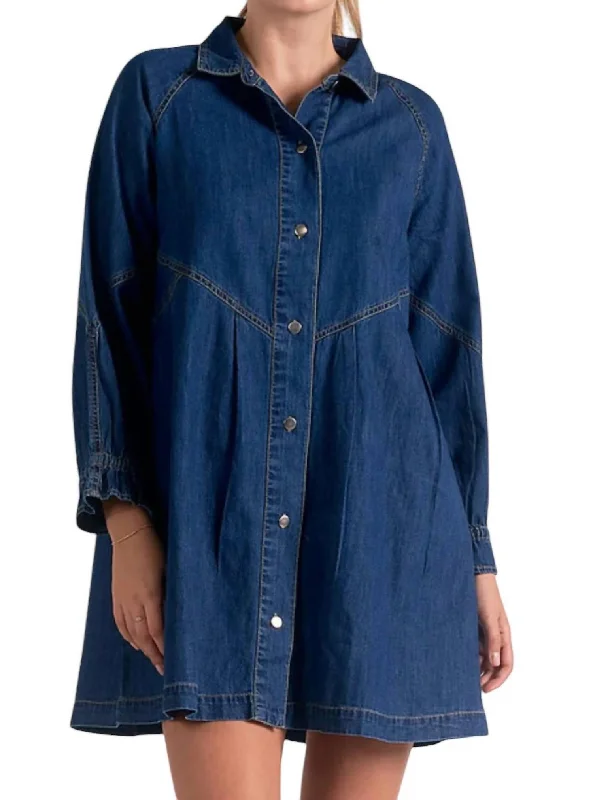 Price Reduction Button Down Denim Long Sleeve Dress In Blue