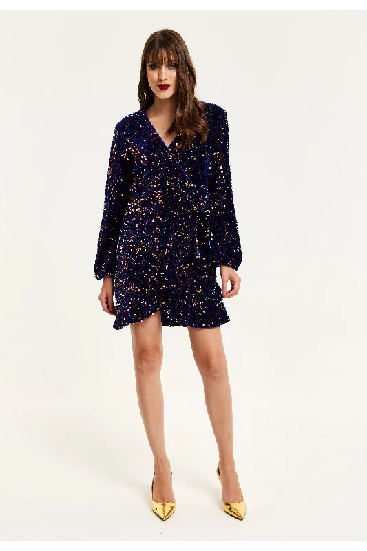 Act Now Liquorish Royal Blue Velvet Based Multicolour Sequin Mini Wrap Dress
