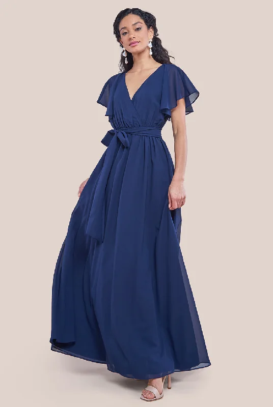 Final Clearance Goddiva Sustainable Chiffon Flutter Sleeve Wrap Maxi Dress - Navy