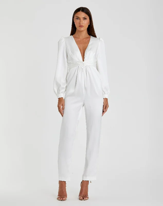 Time-Limited Offer White Front Twist Puff Sleeve Deep V Jumpsuit