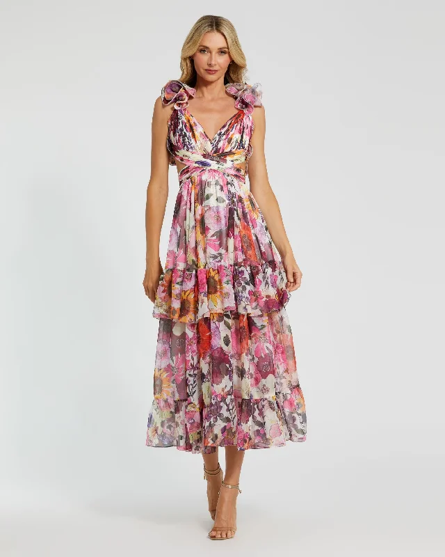 Low Prices Ruffle Tiered Cut-Out Floral Chiffon Dress