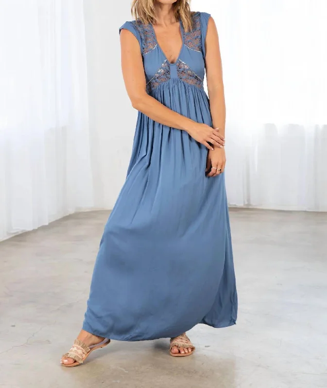 Special Discount Boho Chic Sequined Lace Detail Maxi Dress In Blue