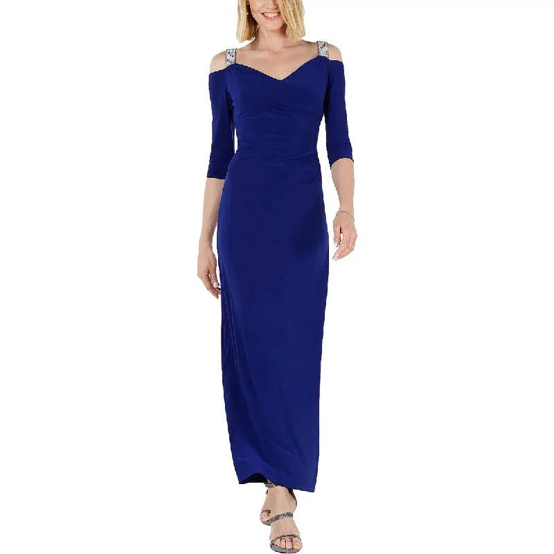 Super Deal Womens Rhinestone Ruched Evening Dress