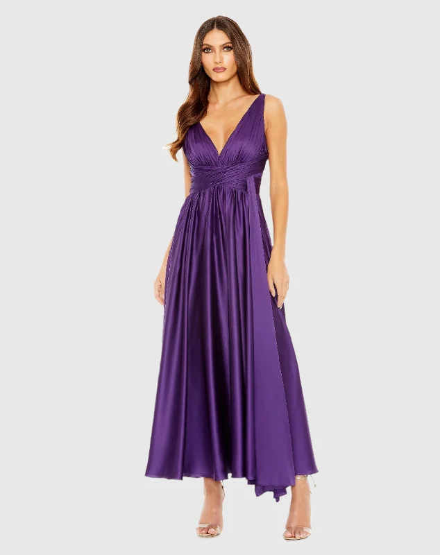 Great Deals Ruched Top Satin Pleated Tea Length Dress