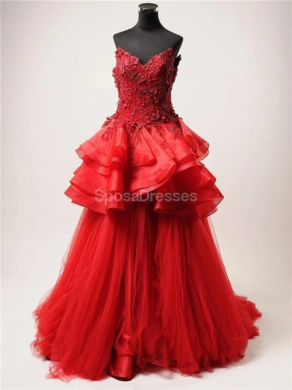 Price Buster Red Lace Beaded Ruffles A-line Long Evening Prom Dresses, Evening Party Prom Dresses, 12306