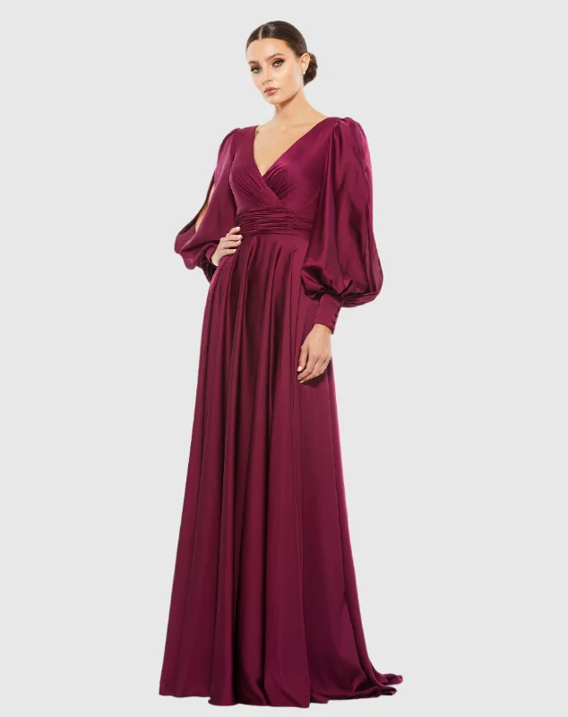 Super Deal Split Bishop Sleeve Wrap Over Flowy Gown