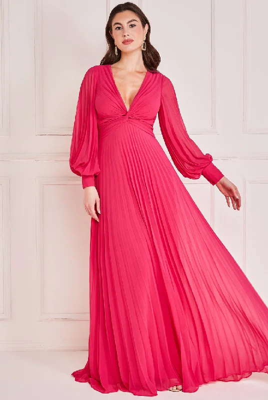 Closeout Goddiva Fully Pleated Chiffon Maxi Dress - Hot Pink