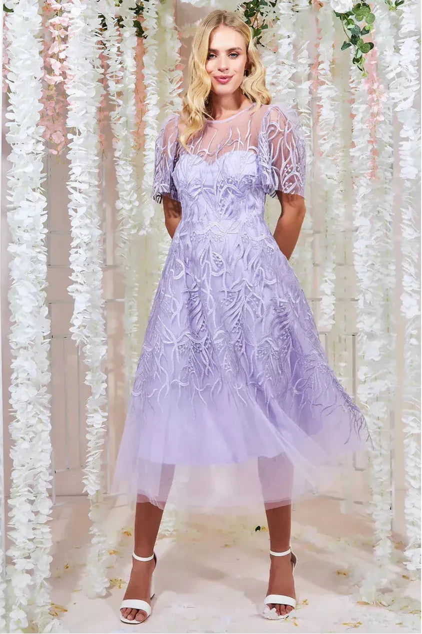 Savings Spectacular Goddiva Embroidered Mesh Midi Dress - Lilac