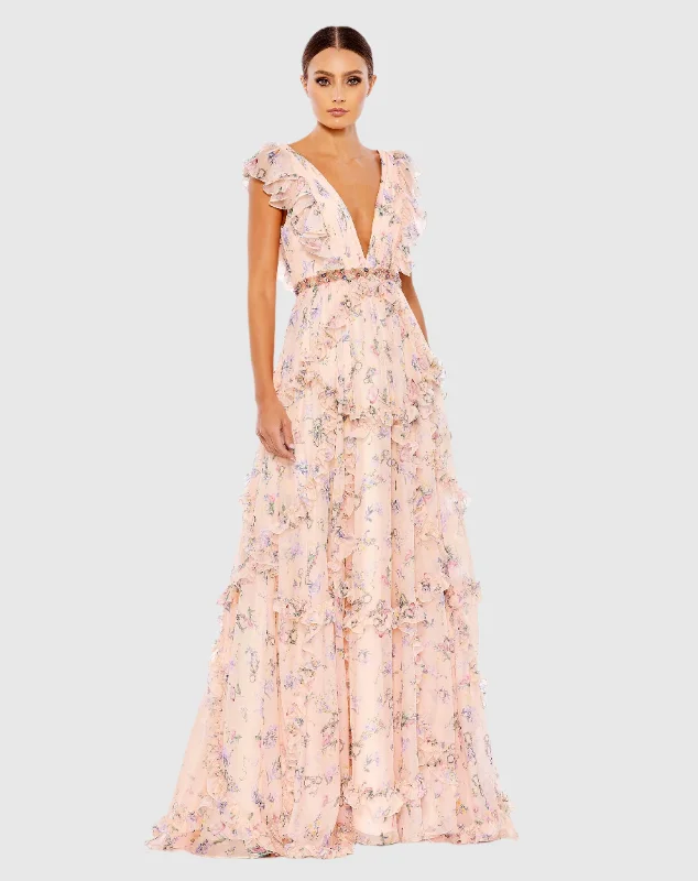 Reduced Prices Ruffled Floral Print Cap Sleeve Gown