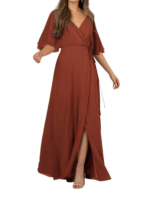 Steals and Deals Full-Length Bridesmaid Wrap Dress With ¾ Flutter Sleeves In Burnt Orange