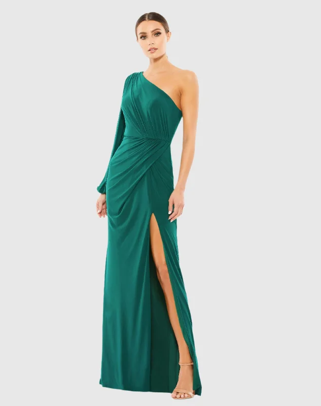 Unmissable Offer Green One Shoulder Puff Sleeve Faux Wrap Gown