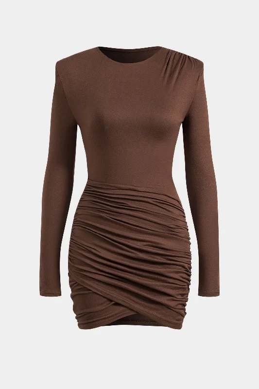 Savings Bonanza Ruched Crossed Round Neck Long Sleeve Mini Dress