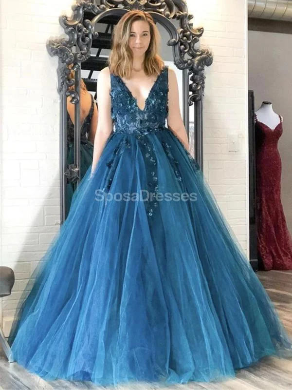 Big Discounts V Neck Teal Applique A-line Long Evening Prom Dresses, Evening Party Prom Dresses, 12302