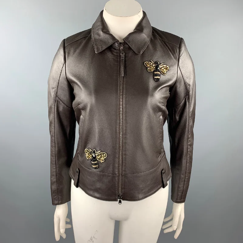 Weekend Deal GIZIA Size 6 Brown Leather Bumble Bee Embellishment Zip Up Jacket