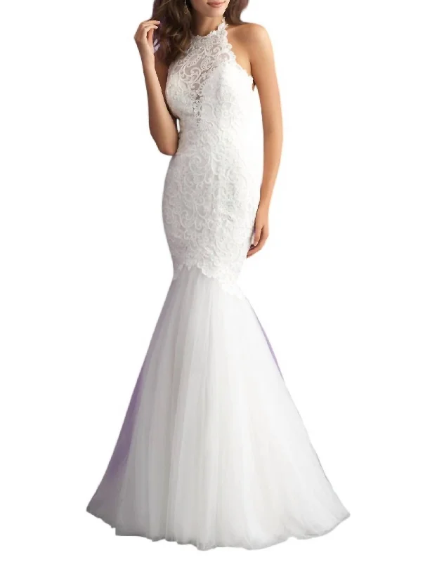 Final Markdown Lace Halter Mermaid Gown With Low Back In Ivory/ivory