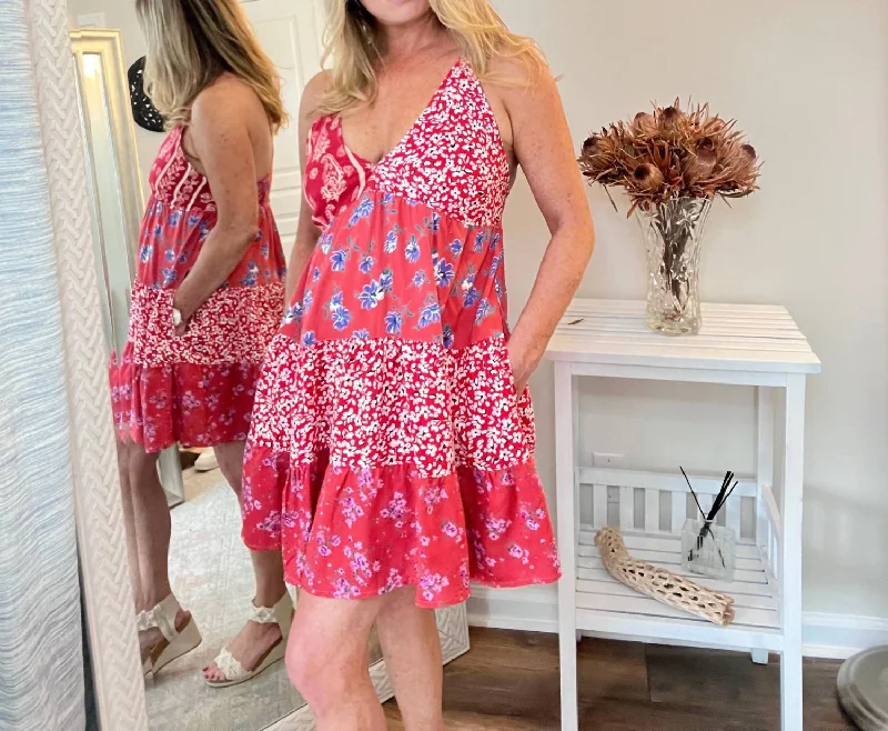 Price Reduction Short Patchwork Print Dress In Various Reds