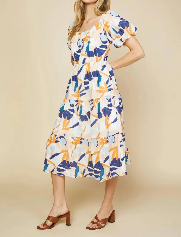 Can't Be Beat Abstract Botanical Midi Dress In Tangerine Navy
