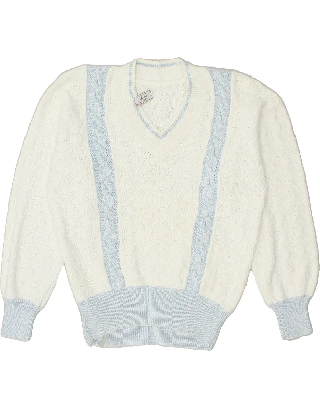 New Deals VINTAGE Womens V-Neck Jumper Sweater UK 14 Medium White Striped Cotton